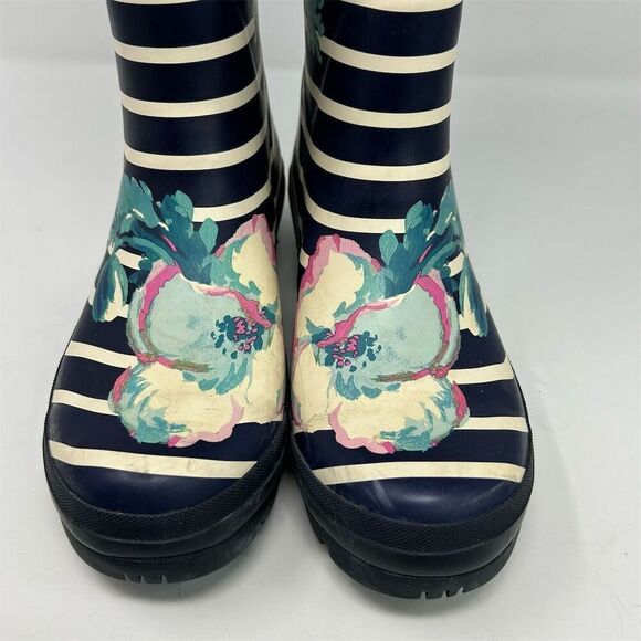Joules Navy Blue Watercolor Floral Stripe Rain Boots Size 8 **small flaw** - Picture 2 of 16
